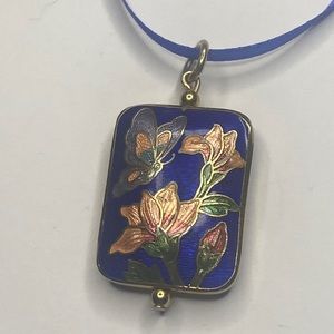 Vintage puffed Cloisonne pendant butterfly floral scene